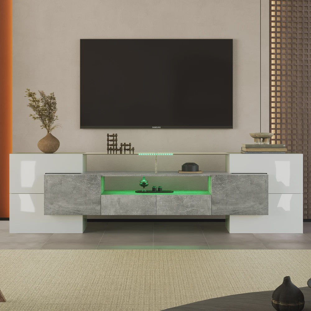 Modern TV meubel 200cm hoogglans wit met LED verlichting en glazen blad