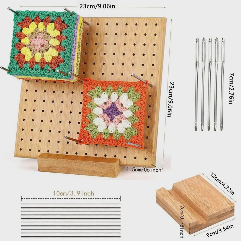 Bamboe Haakblokkeerbord met 25 Stalen Pinnen - 23x23cm - Perfect voor Granny Squares & Breien