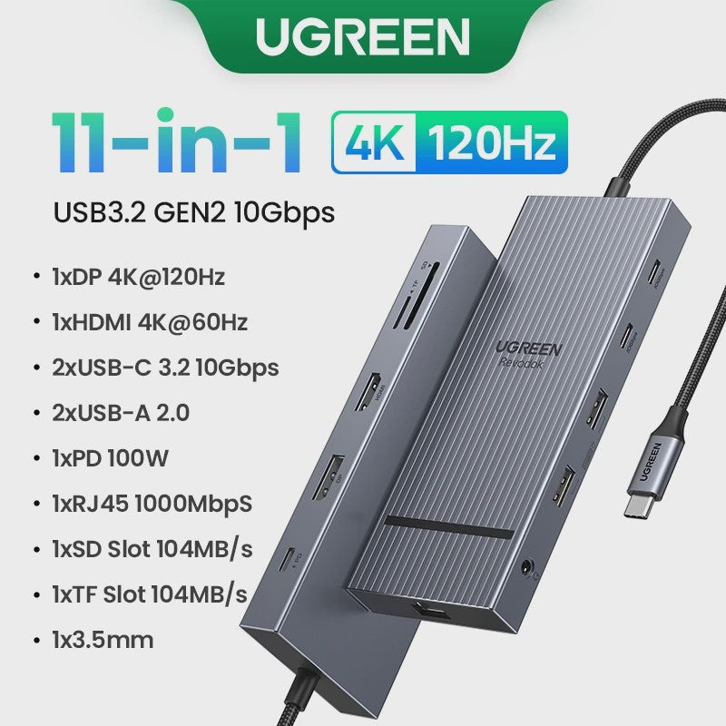 UGREEN 10-in-1 USB-C Hub: 8K/4K Dual HDMI, RJ45, USB 3.0, PD 100W - Docking Station voor MacBook & Laptop