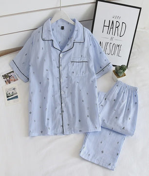 Heren Pyjama Set van 100% Katoen Gauze - Korte Mouw & Print - Comfortabele Homewear voor Zomer