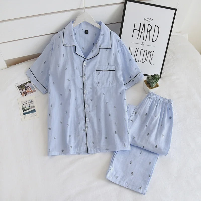 Heren Pyjama Set van 100% Katoen Gauze - Korte Mouw & Print - Comfortabele Homewear voor Zomer