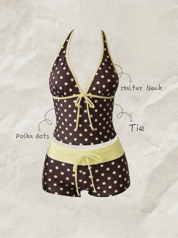 Dames Polka Dot Tankini Set - 2-Delig met Halter V-hals Top en Shorts