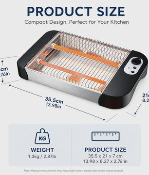 Multifunctionele Platte Broodrooster 600W met 6 Toastniveaus, Kwartslampen en Kruimellade - Ideaal voor Brood & Gebak