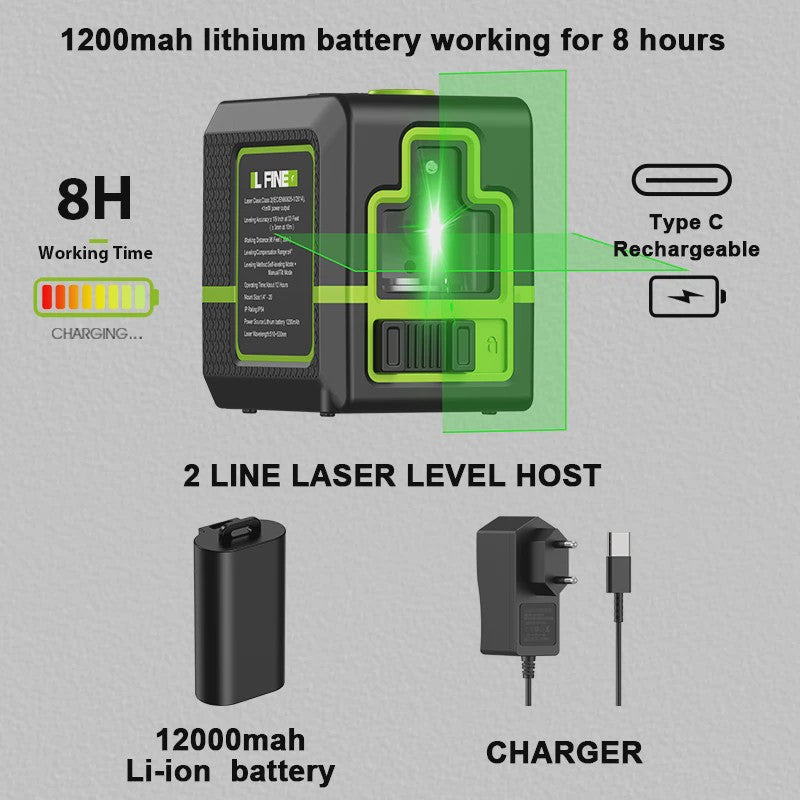 Lfine Groene Laserwaterpas met 2 Lijnen (Horizontaal/Verticaal) - Automatische Zelfnivellering