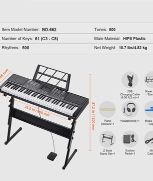 Digitale Keyboard Piano 61 Toetsen - Draagbaar, 200 Tones & 200 Rhythms - Ideaal voor Beginners
