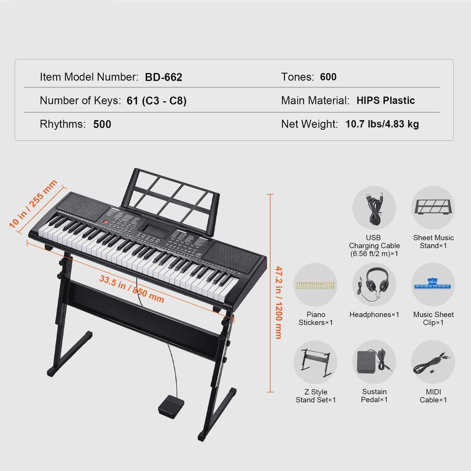 Digitale Keyboard Piano 61 Toetsen - Draagbaar, 200 Tones & 200 Rhythms - Ideaal voor Beginners