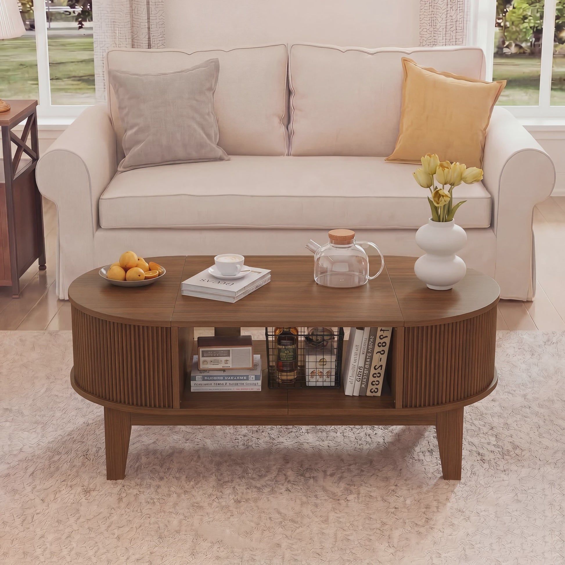Elegante Retro Koffietafel met Dubbele Verborgen Opbergruimte en Flip-Top, Bruin