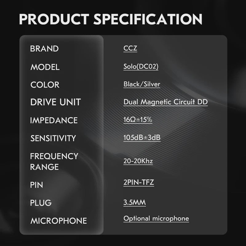CCZ SOLO DC02 HiFi In-Ear Oordopjes met Metalen Behuizing en 4N OFC Kabel