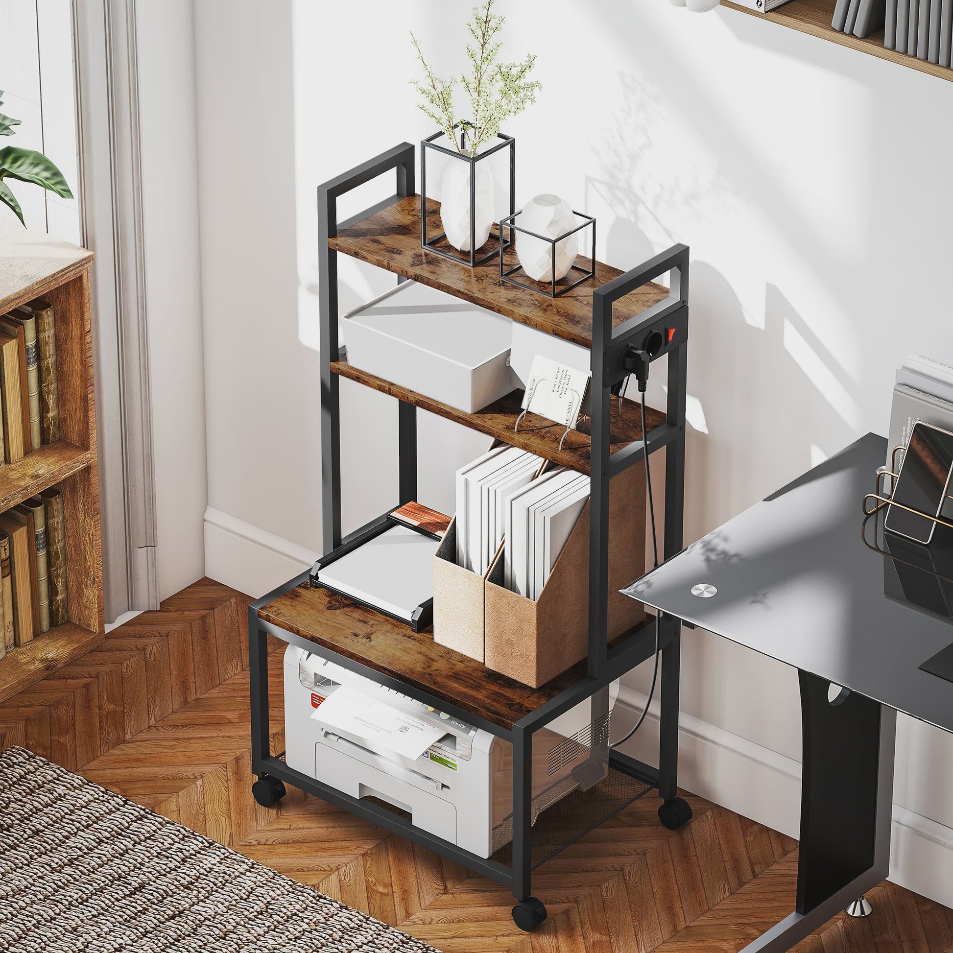 Homcom Printermeubel met Laadstation, 4 Niveaus en Wielen - Rustiek Bruin