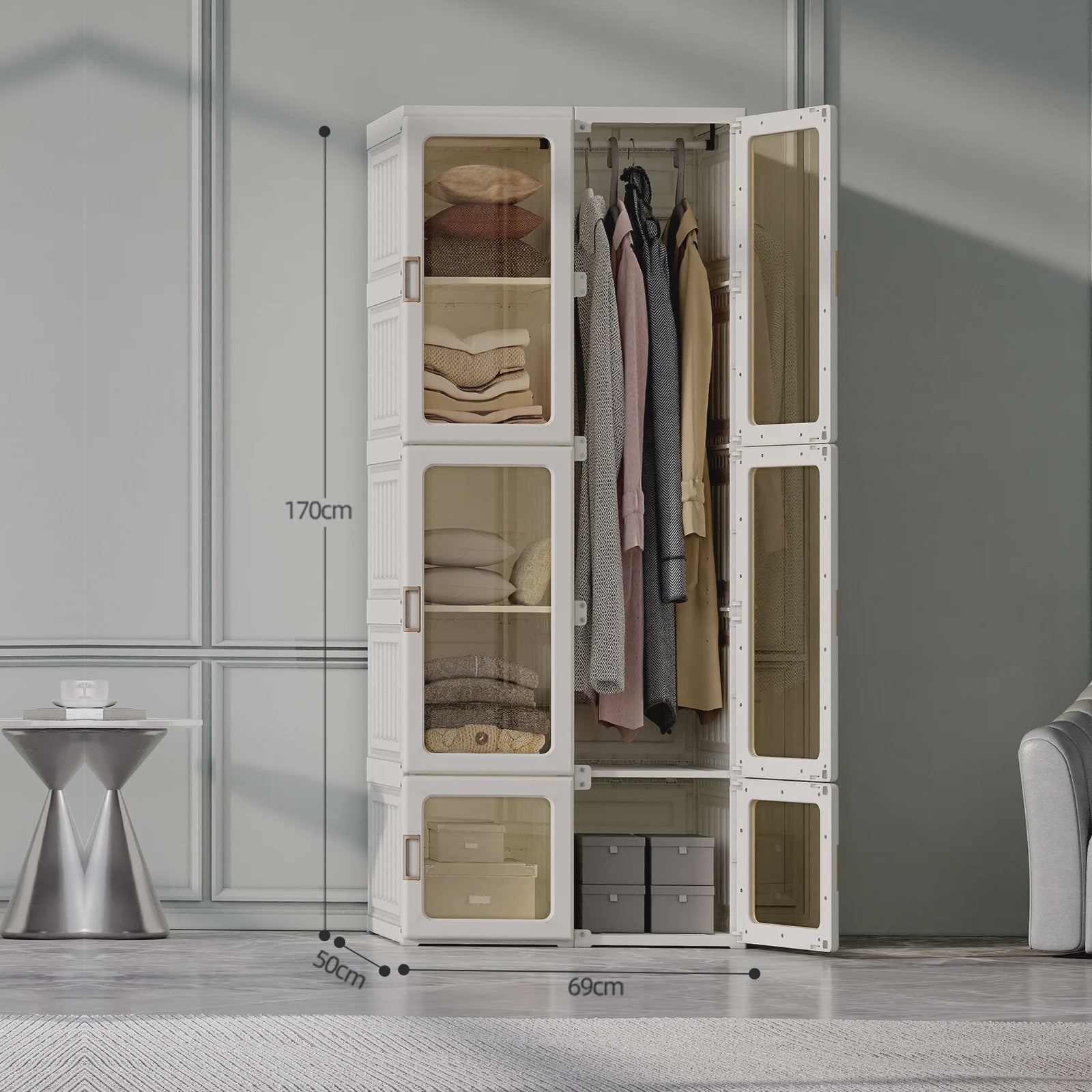 Draagbare Opvouwbare Garderobekast Organizer - Wit ABS Plastic Kledingkast met Deuren