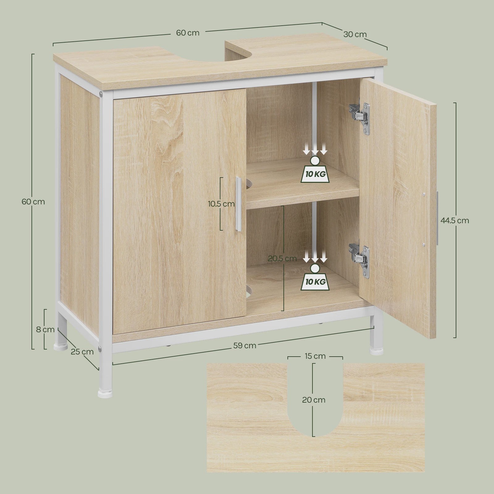 Badkamermeubel Onderbouw Wastafelkast 60x60x30cm - Houtkleurig met Metalen Frame