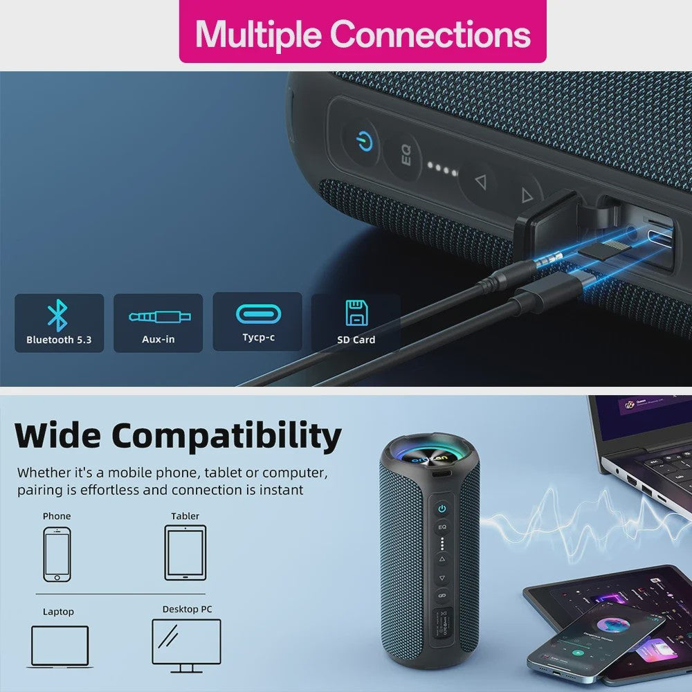 Ortizan X8 Pro Bluetooth Speaker: 40W Krachtig Geluid, IPX7 Waterdicht, RGB Licht & TWS