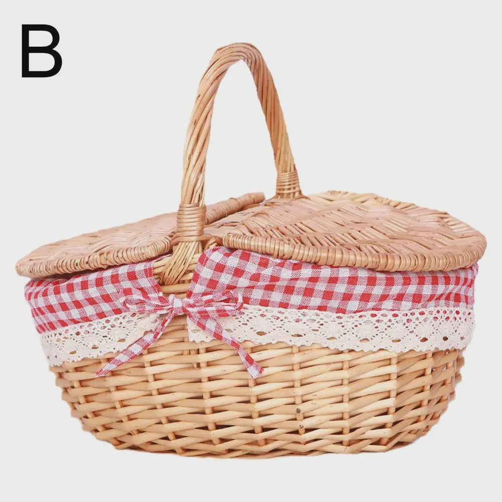 Handgemaakte Riet Picknickmand met Deksel en Handvat - Willow Woven Opbergmand
