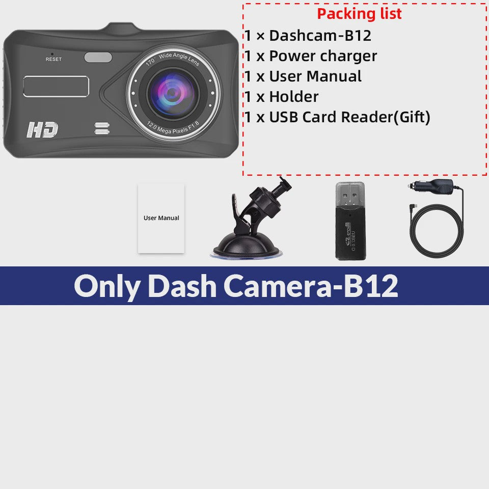 E-ACE Full HD 1080P Dash Cam met 4-inch Touch IPS Scherm, Dubbele Camera Voor & Achter, Nachtzicht en Parkeerfunctie