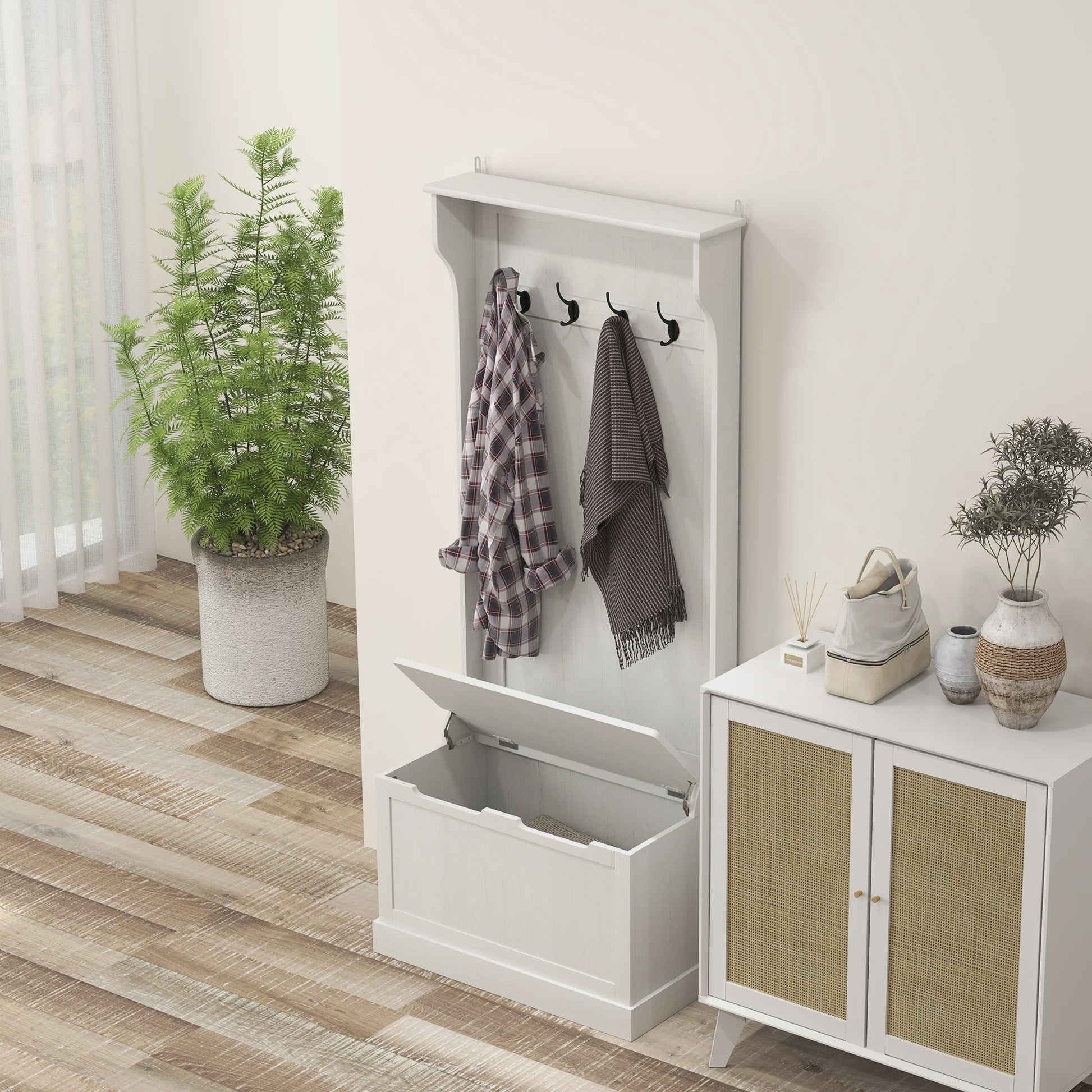 Witte Kapstok met Schoenenbank en Opbergruimte - 4 Haken, 71.5x39.5x170 cm