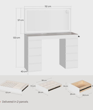 WOLTU Kaptafel met LED Spiegel, 11 Lades, Glazen Top & Oplaadpunt - Luxe Make-up Tafel