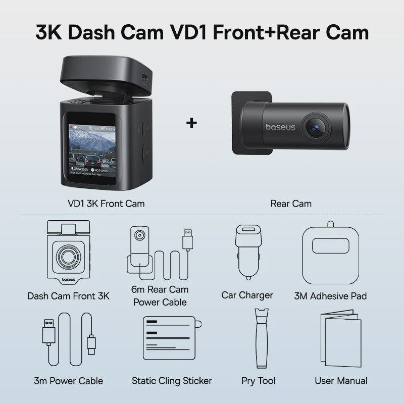 Baseus VD1 Dashcam: 3K Ultra HD, Dubbele Camera, GPS, Nachtzicht & App Bediening