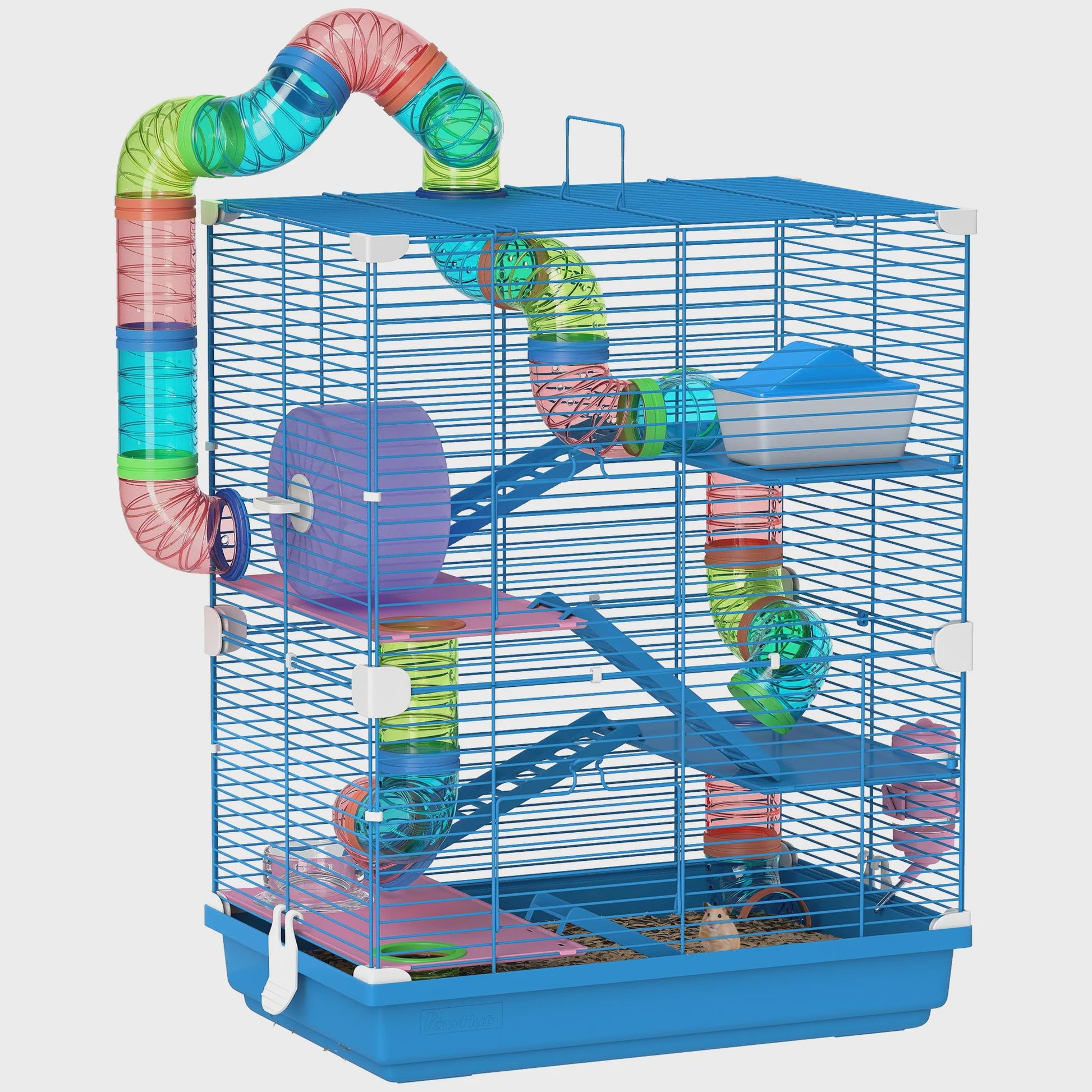 Ruime Hamsterkooi met Tunnels, Platforms, Wieltje en Accessoires (46x30x58 cm)
