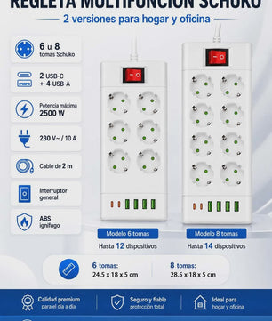 Universele Stekkerdoos met 6/8 Schuko Stopcontacten en 6 USB Poorten (C/A) - 2m Kabel, 2500W