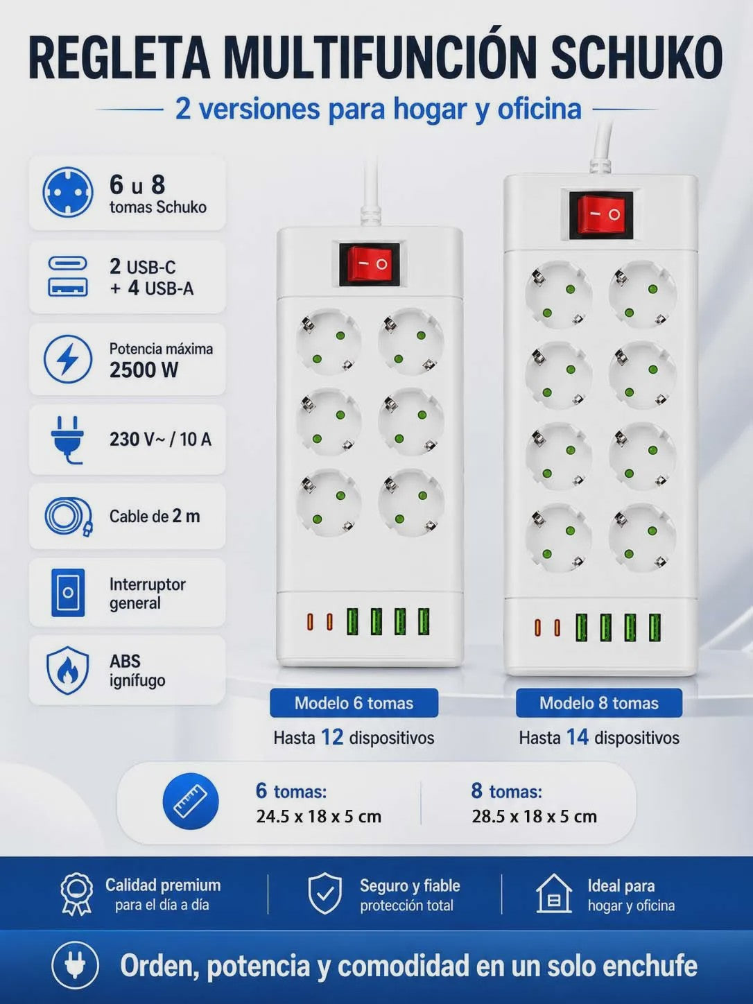 Universele Stekkerdoos met 6/8 Schuko Stopcontacten en 6 USB Poorten (C/A) - 2m Kabel, 2500W