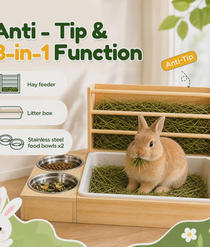 3 in 1 Rabbit Hay Feeder with Litter Box and Bowls, Wooden Small Animal Feeding Station with Hay Rack, Rabbit Food Dispenser for Guinea Pig Hamster Chinchilla Ferret