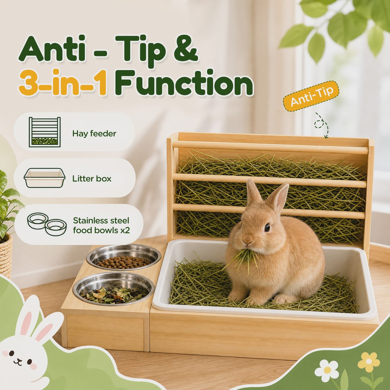 3 in 1 Rabbit Hay Feeder with Litter Box and Bowls, Wooden Small Animal Feeding Station with Hay Rack, Rabbit Food Dispenser for Guinea Pig Hamster Chinchilla Ferret