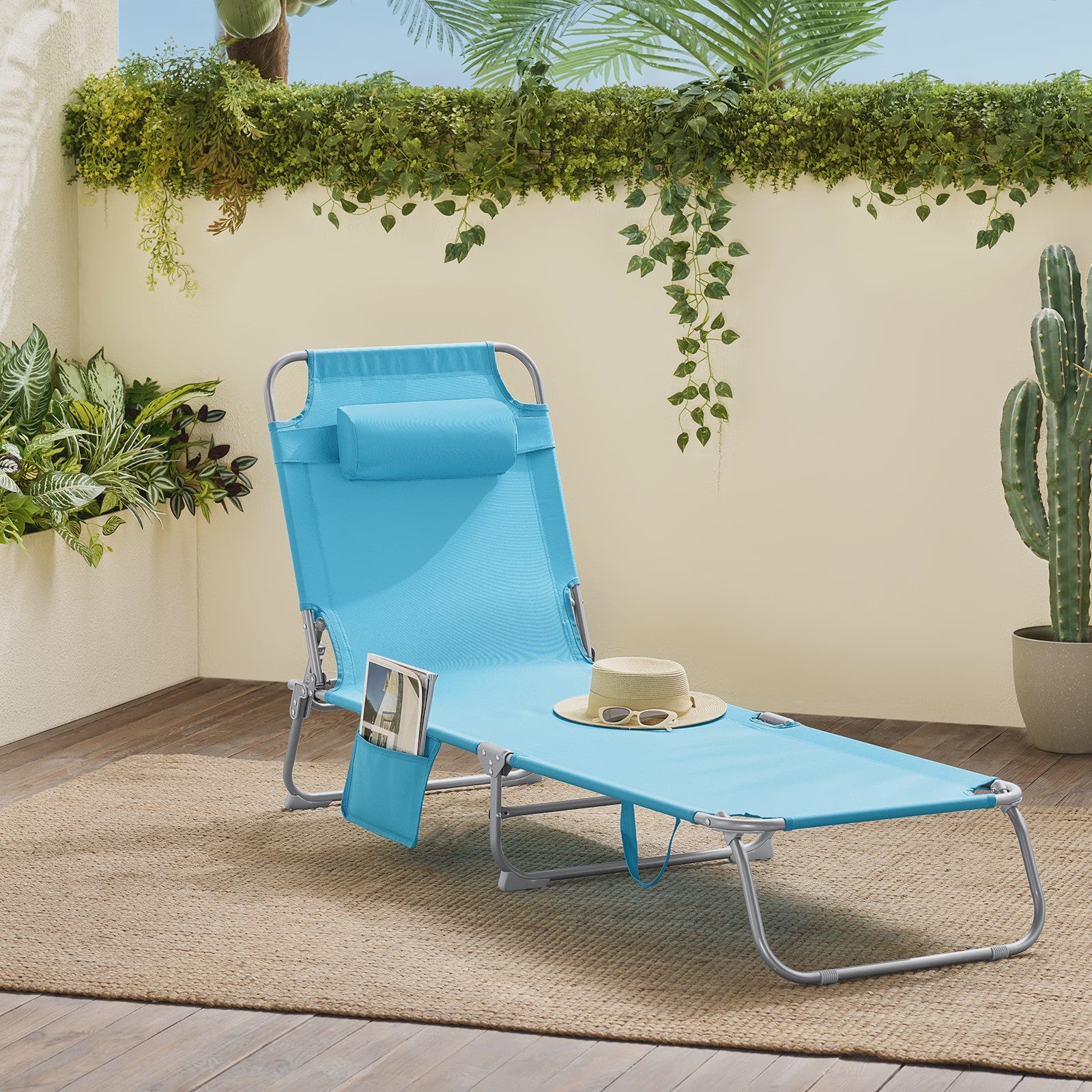 Opvouwbare ligstoel voor de tuin met hoofdsteun en zijvak - Comfortabel en praktisch