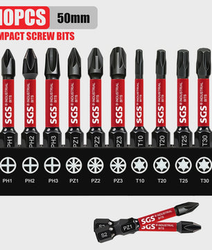 50mm Magnetische Schroefbit Set (10-delig) - S2 Staal - 1/4" Hex Shank