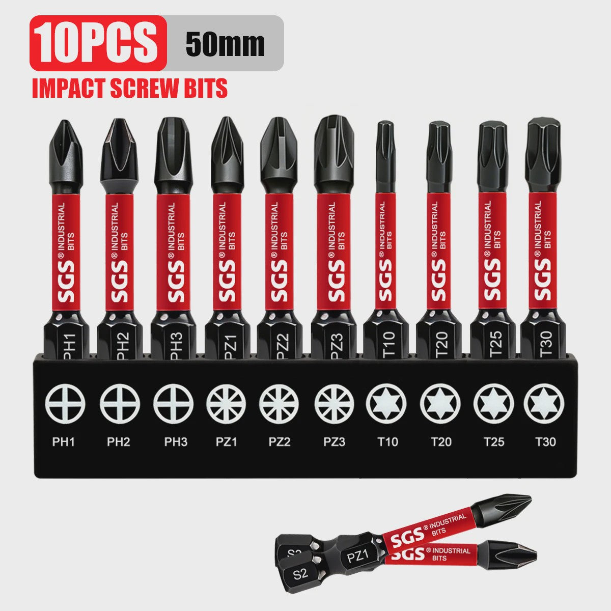 50mm Magnetische Schroefbit Set (10-delig) - S2 Staal - 1/4" Hex Shank