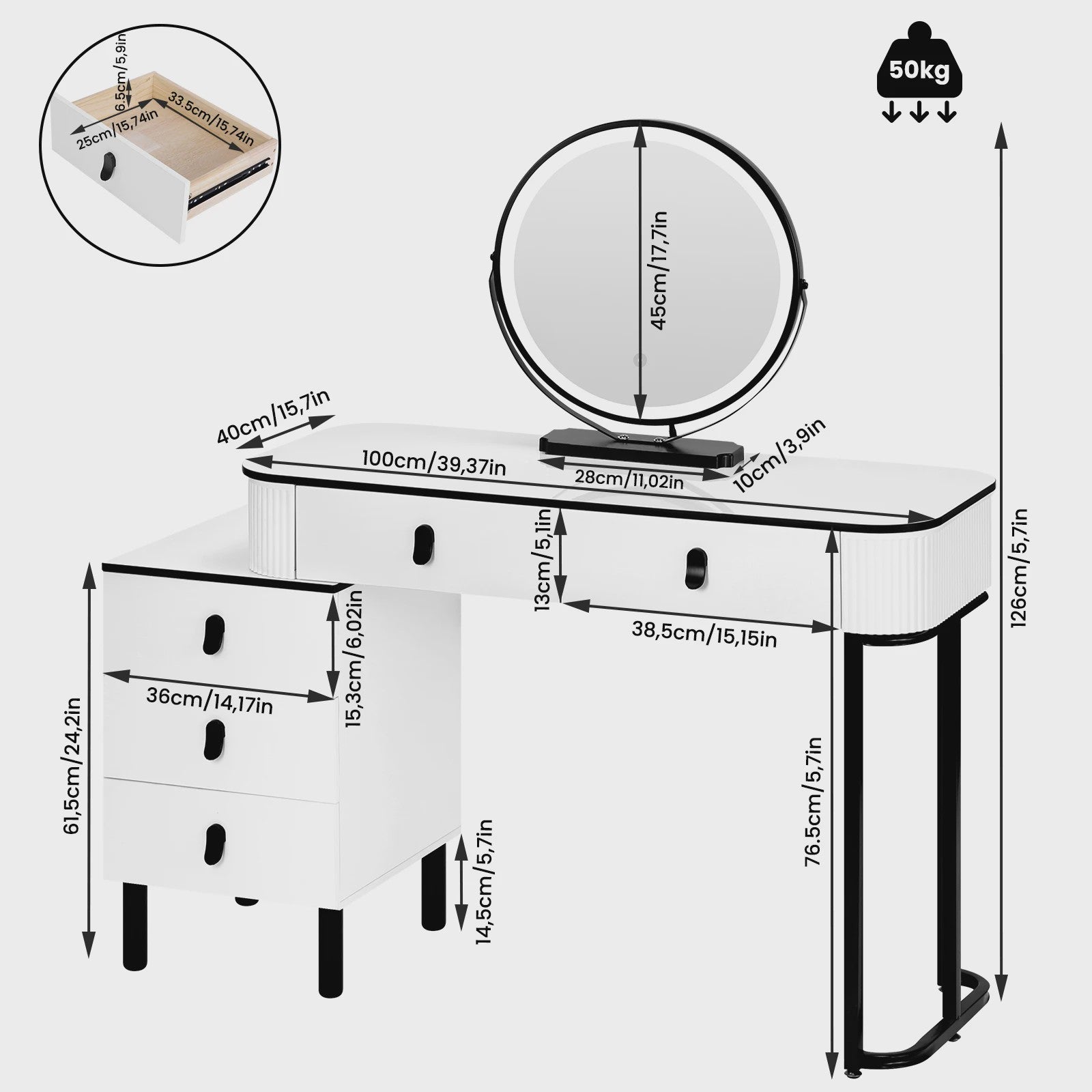 Moderne Kaptafel met LED Verlichting, Verstelbare Spiegel en Ruime Opbergruimte