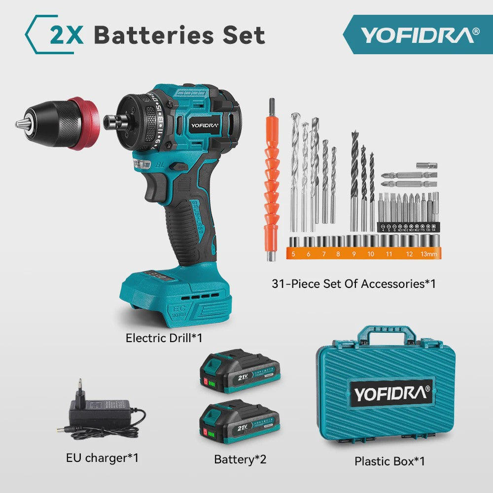 YOFIDRA 21V Brushless Accuboormachine - 10mm Klopboorfunctie, 24 Versnellingen