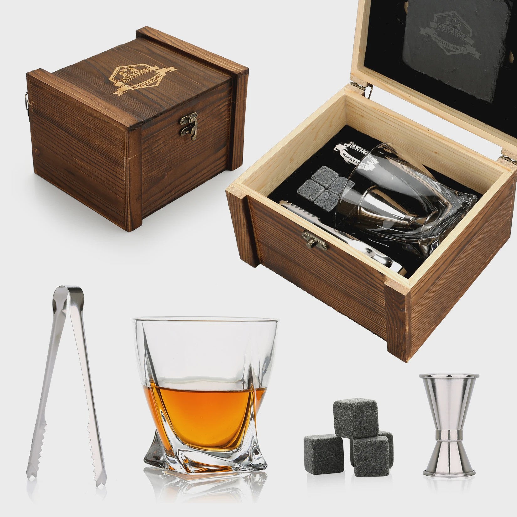Luxe Whiskey Set met Glazen en Granieten Stenen - Houten Cadeaubox