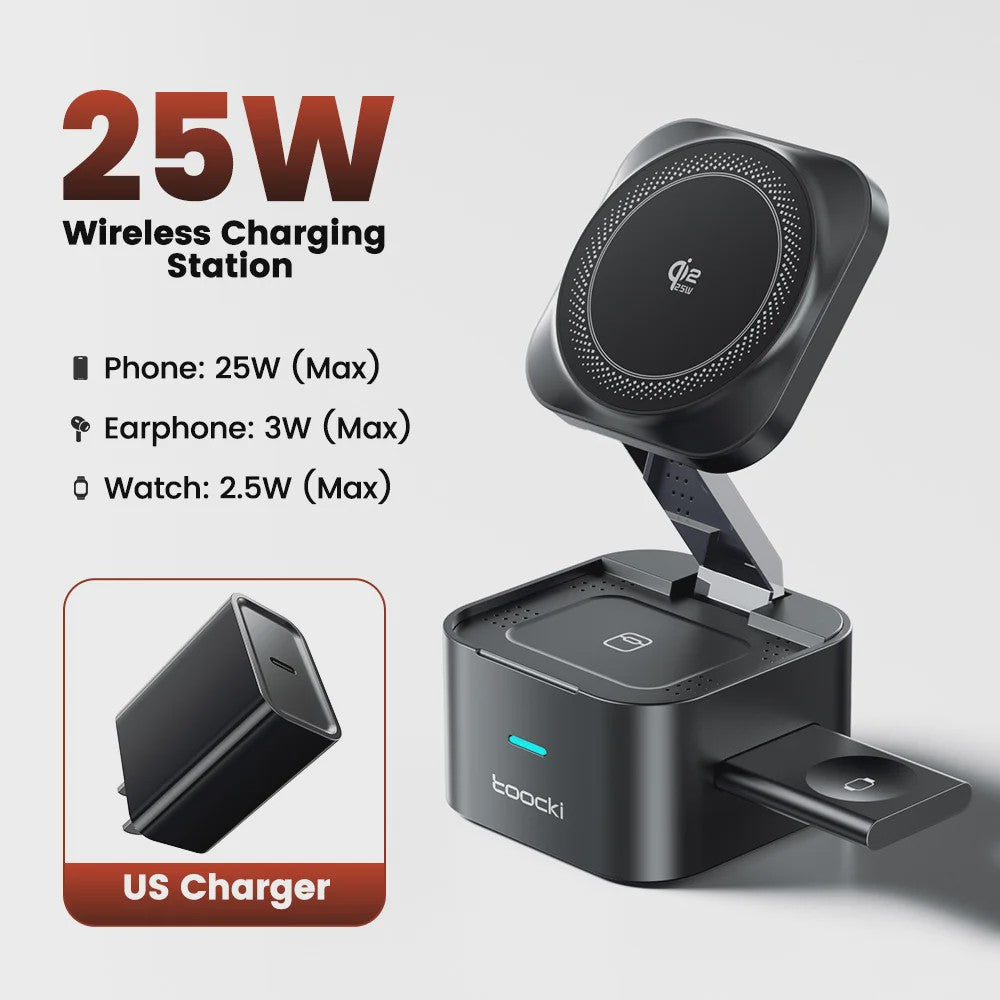 Toocki 25W QI2.2 3-in-1 Draadloze Oplaadstation voor iPhone, AirPods, iWatch & Samsung - Magsafe Compatibel