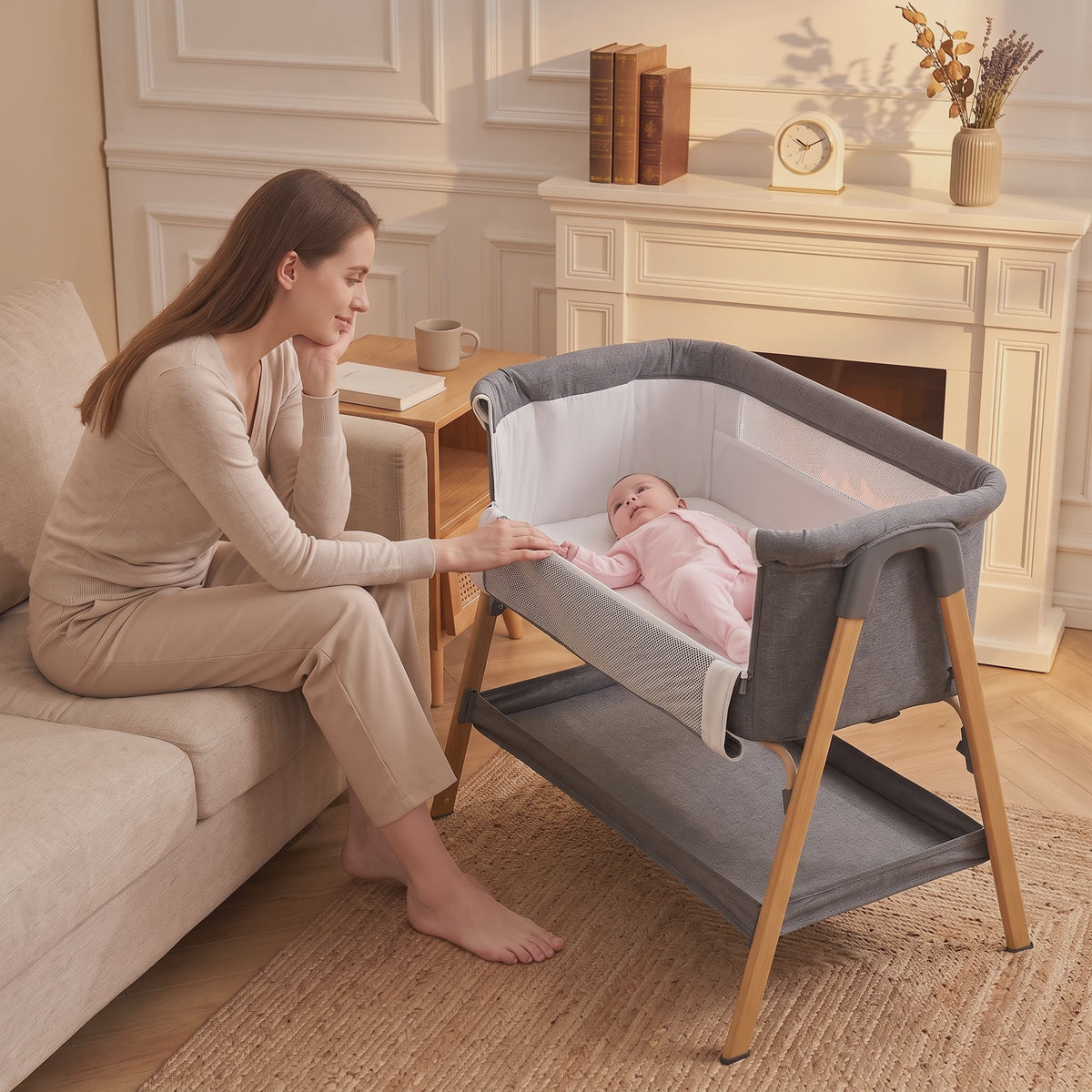 2-in-1 Baby Co-sleeper met Nachtlade en Ademend Mesh - Donkergrijs