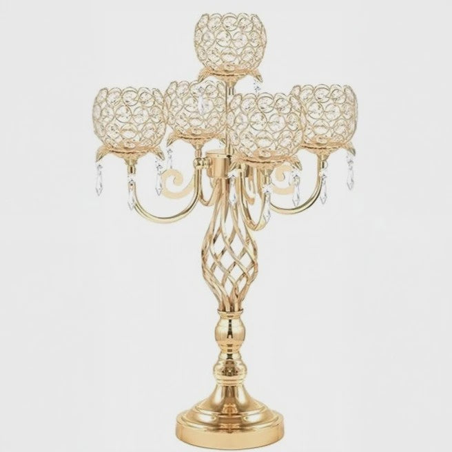 Gouden 5-armige Kristallen Kandelaar met Gedraaide Voet - Luxe Tafeldecoratie