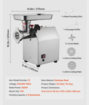 Professionele Elektrische Vleesmolen & Worstmaker - 4.5 tot 9.2 Lbs/Min