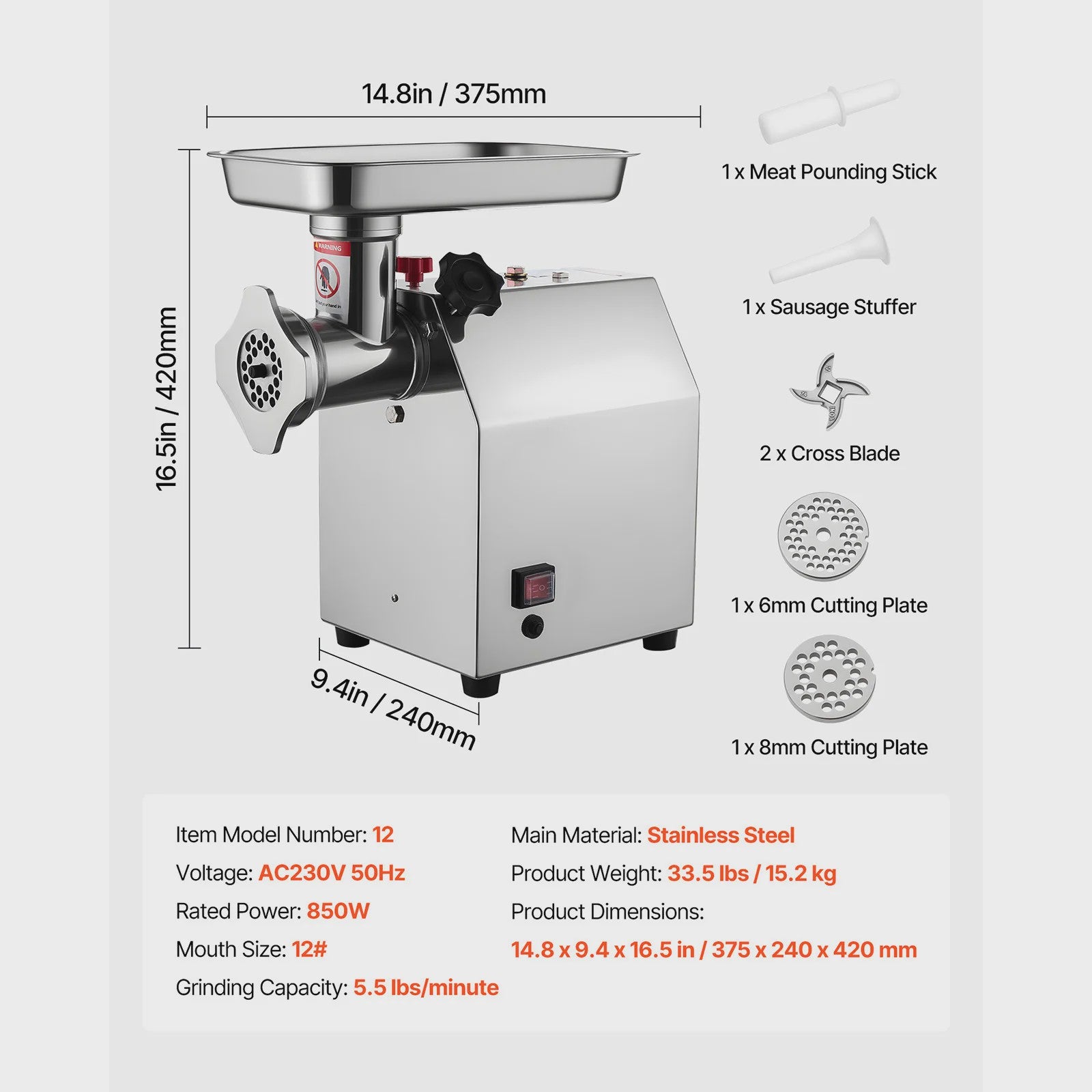 Professionele Elektrische Vleesmolen & Worstmaker - 4.5 tot 9.2 Lbs/Min