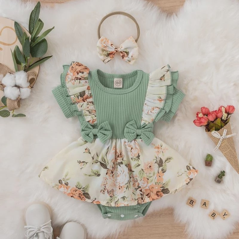 Zomerse Baby Jurk Romper met Strikjes en Bloemenprint - Katoen