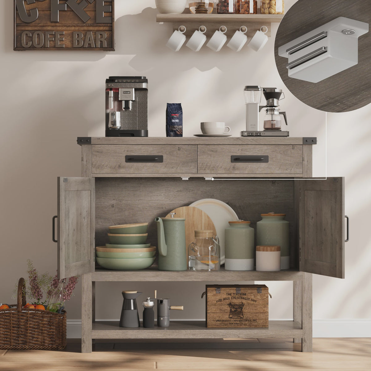 Moderne Landelijke Console Tafel met Koffiebar - 2 Lades, 2 Deuren & Open Plank