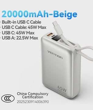 Vention 45W 20000mAh Powerbank - Snelladen voor iPhone, Samsung & Xiaomi