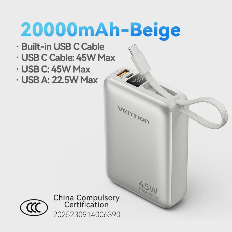 Vention 45W 20000mAh Powerbank - Snelladen voor iPhone, Samsung & Xiaomi