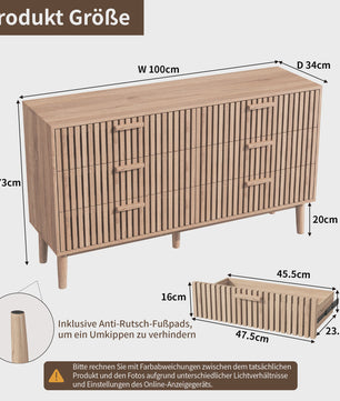 Brede Ladekast 100cm Natuurlijk Hout met 6 Laden - Stijlvolle Houten Opbergkast met Lamellenfront en Anti-Kip Beveiliging