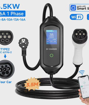 Draagbare EV Charger 3.5/7KW Type 2, 16A Snel Laadkabel met WiFi & APP Controle