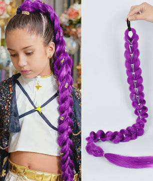 Paarse Vlecht Haarstuk met Clips - 26 Inch Synthetisch Verlengstuk voor Kinderen
