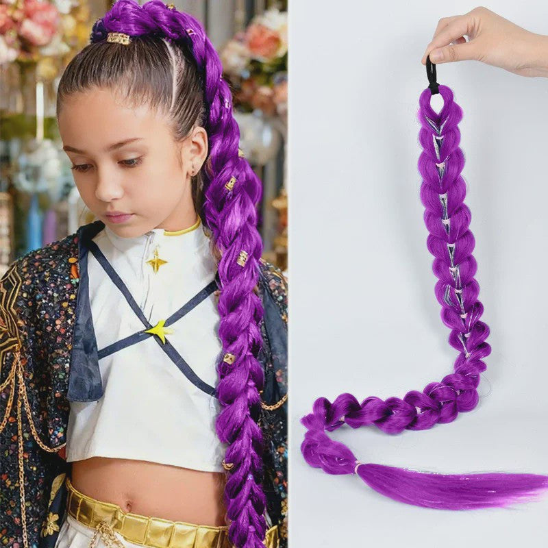 Paarse Vlecht Haarstuk met Clips - 26 Inch Synthetisch Verlengstuk voor Kinderen