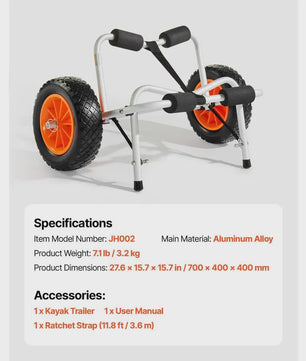 Opvouwbare Kajakkar / Kano Trolley met 10-inch Massieve Banden & Spanband - 113 kg