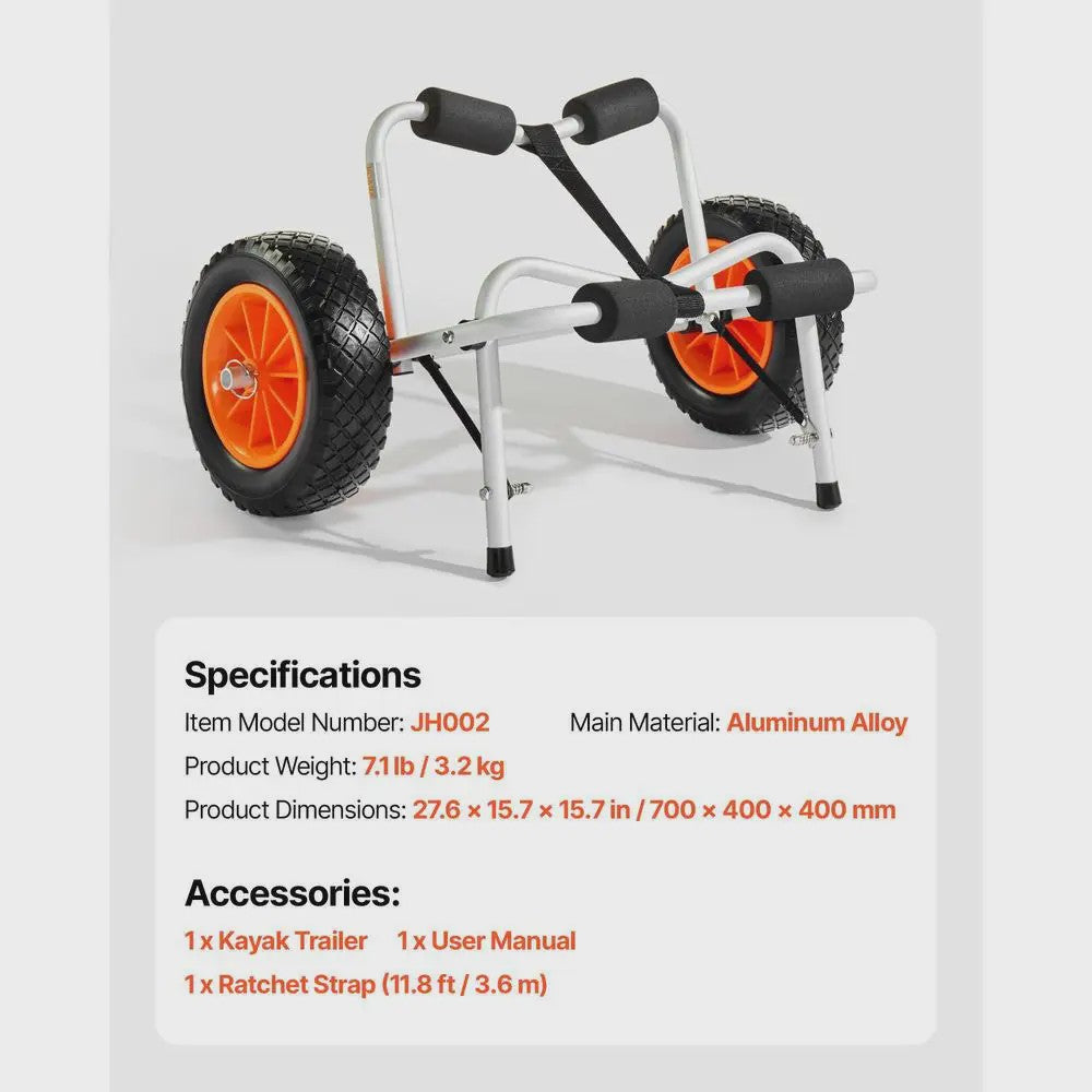 Opvouwbare Kajakkar / Kano Trolley met 10-inch Massieve Banden & Spanband - 113 kg
