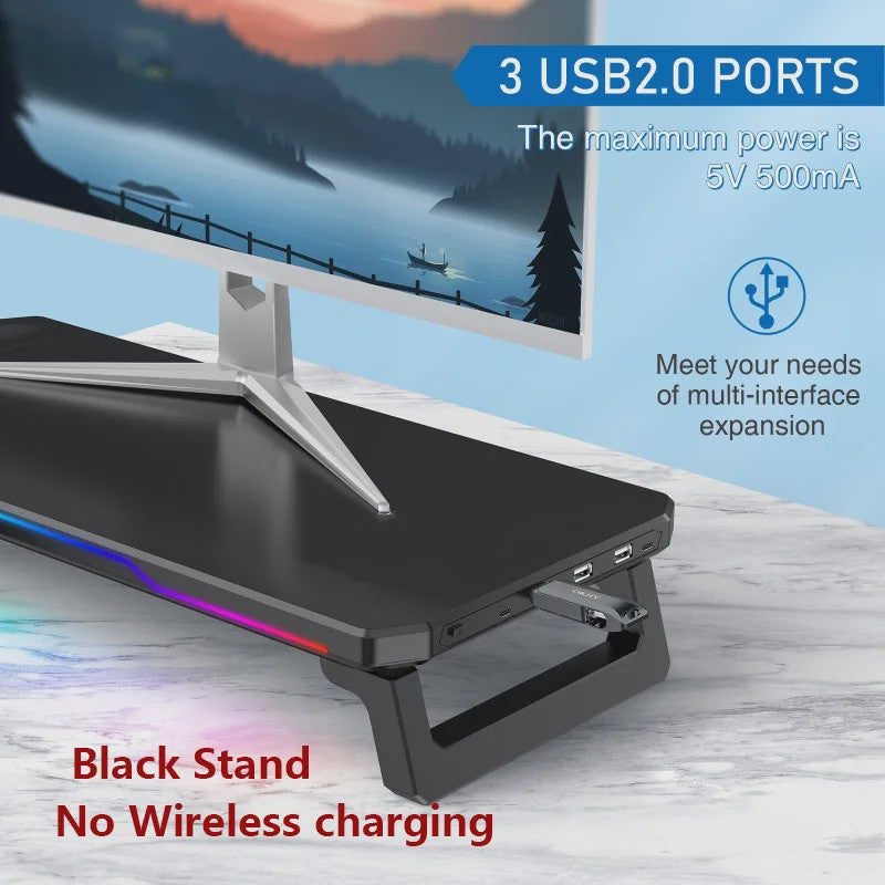 RGB Monitorstandaard met Draadloze Oplader en USB Hub