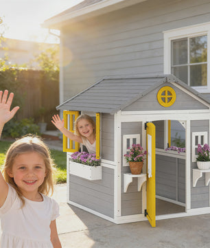 Outsunny Houten Speelhuisje met Deur, Ramen, Bloembakken en Plankjes - 114x126.4x135 cm