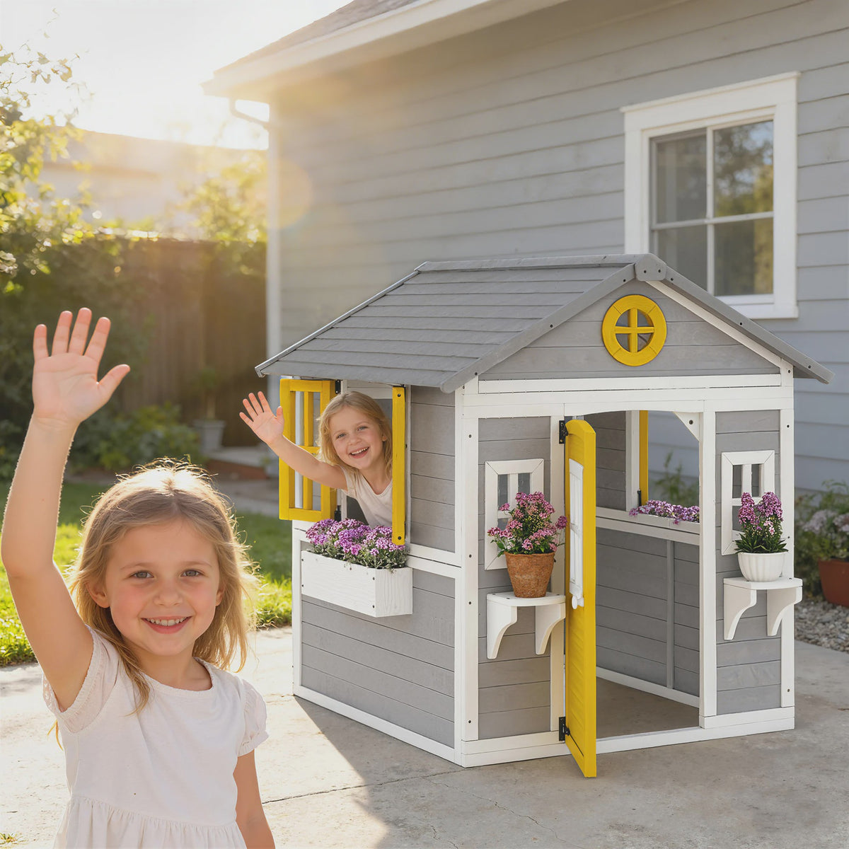 Outsunny Houten Speelhuisje met Deur, Ramen, Bloembakken en Plankjes - 114x126.4x135 cm